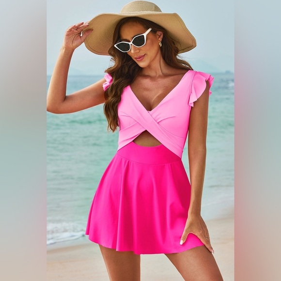 Other - CUTOUT V-NECK CAP SLEEVE ONE-PIECE SWIMWEAR Plus